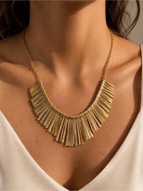 Gold Textured Fringe Bib Necklace - Women Jewelry